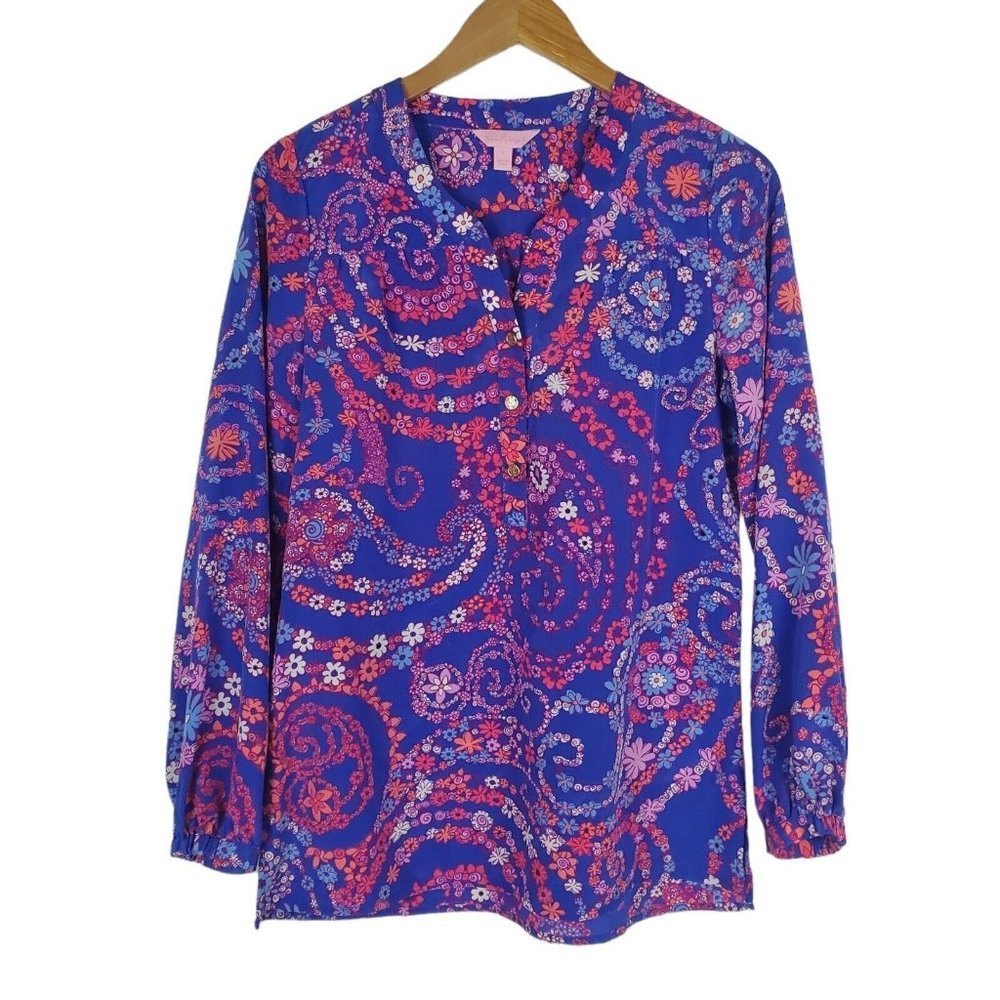 Lilly Pulitzer Elsa Silk Blouse Sz S Floral Blue Pink Secret Snail Long Sleeve